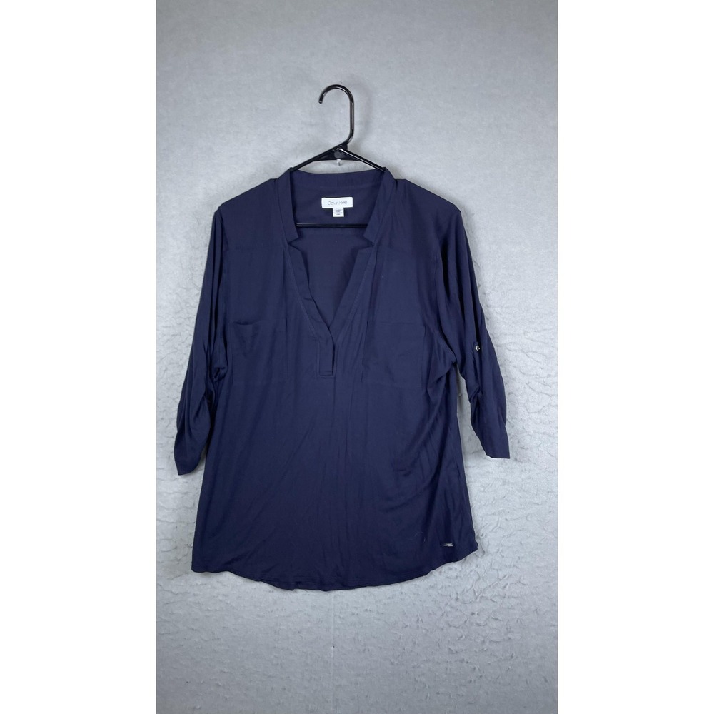 Calvin Klein Tunic Blouse Womens XL Navy‎ Blue V Neck 3/4 Roll Tab Sleeve Top